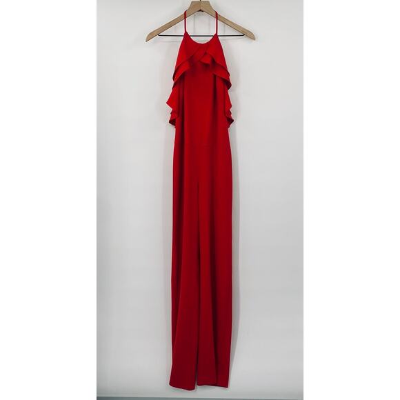 Intermix Ruffled Halter Neck Jumpsuit Straight Leg Low Open Back Red Womens S - Picture 2 of 9